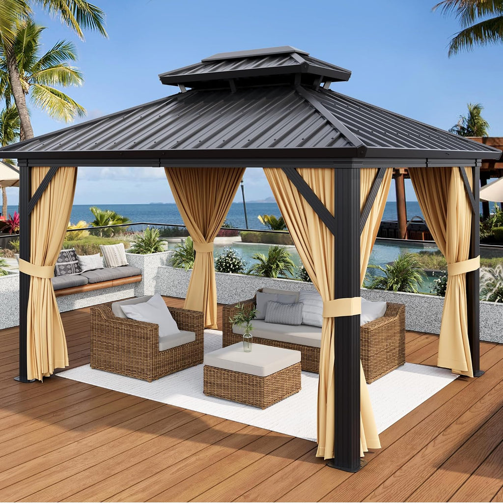 10 x 12 FT Hardtop Gazebo, Heavy Duty Aluminum Frame Gazebo with Double Roof, Permanent Building with Curtains and Netting for Backyard, Deck, Lawns, Khaki