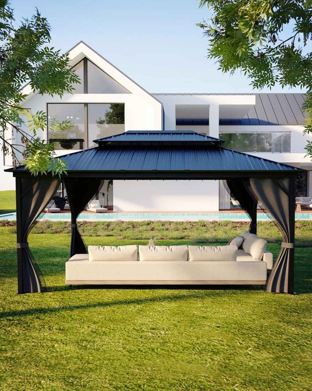 GAOMON Hardtop Gazebo 12'x16' for All Weather, with Double Metal Roof, Aluminum Alloy Frame, Net, and Curtain, Permanent Building of Backyard Luxury for Patio, Deck, Backyard, Lawn, and Garden, Gray