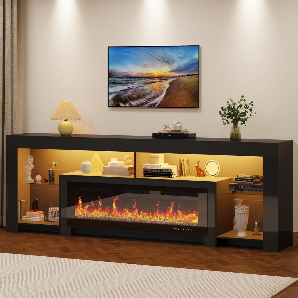 94.5' Extra Long Fireplace TV Stand with 50' Electric Insert, Modern High Gloss Entertainment Center for Up to 100' TVs, Media Console with Color-Changing LED Lights & Storage, Black