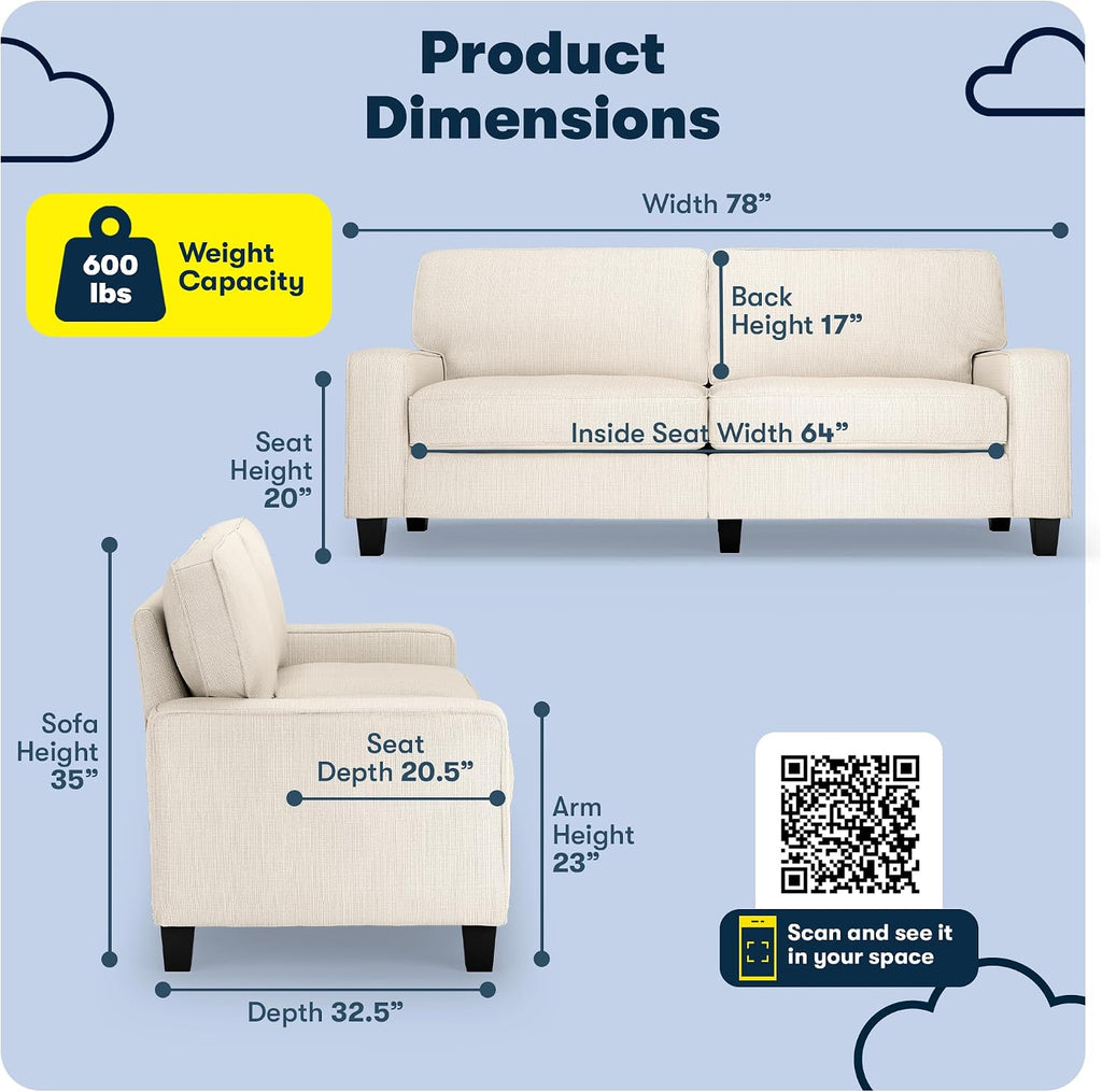 Serta Palisades 78' Track Arm Sofa, Easy Care Polyester, Soft Pillow Back, Pocket Coil Seat Cushions, Removable Covers, Loveseat or Couch for Small Spaces, Living Rooms or Bedrooms, Buckwheat Beige