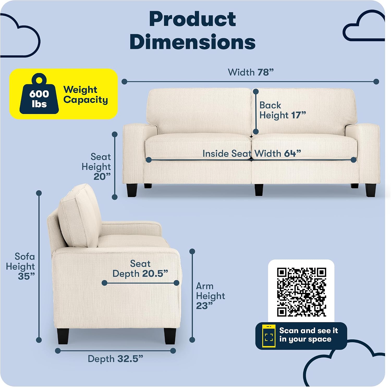 Serta Palisades 78' Track Arm Sofa, Easy Care Polyester, Soft Pillow Back, Pocket Coil Seat Cushions, Removable Covers, Loveseat or Couch for Small Spaces, Living Rooms or Bedrooms, Buckwheat Beige
