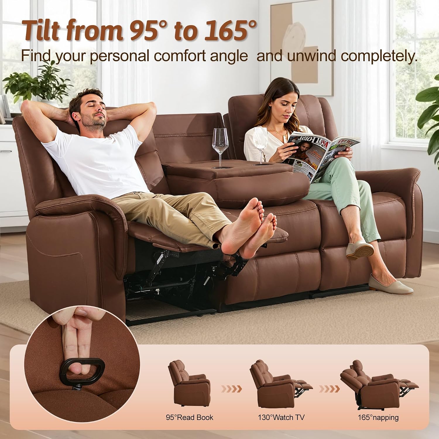 Korser Loveseat Recliner Sofa, Flip Middle Backrest Design 3 Seat Reclining Sofa with Storage Drawer, Performance Fabric Reclining Couch with Storage, USB Port, Manual Couch for Living Room, RVs