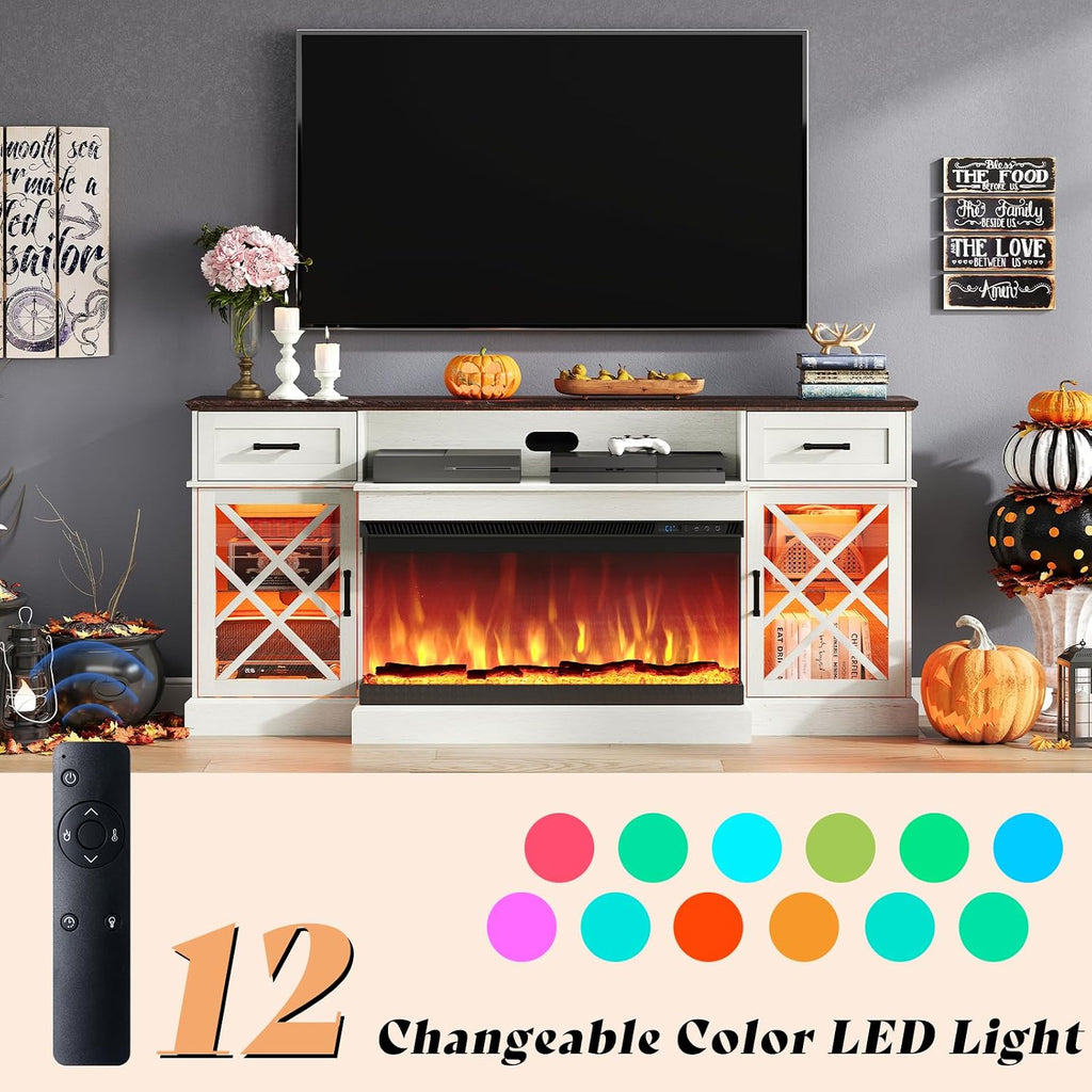 AMERLIFE Farmhouse LED Fireplace TV Stand with 3-Sided Glass Fireplace, 70' Large Entertainment Center for TVs up to 80', Rustic TV Console with Glass Door Storage for Living Room, Barnwood+White