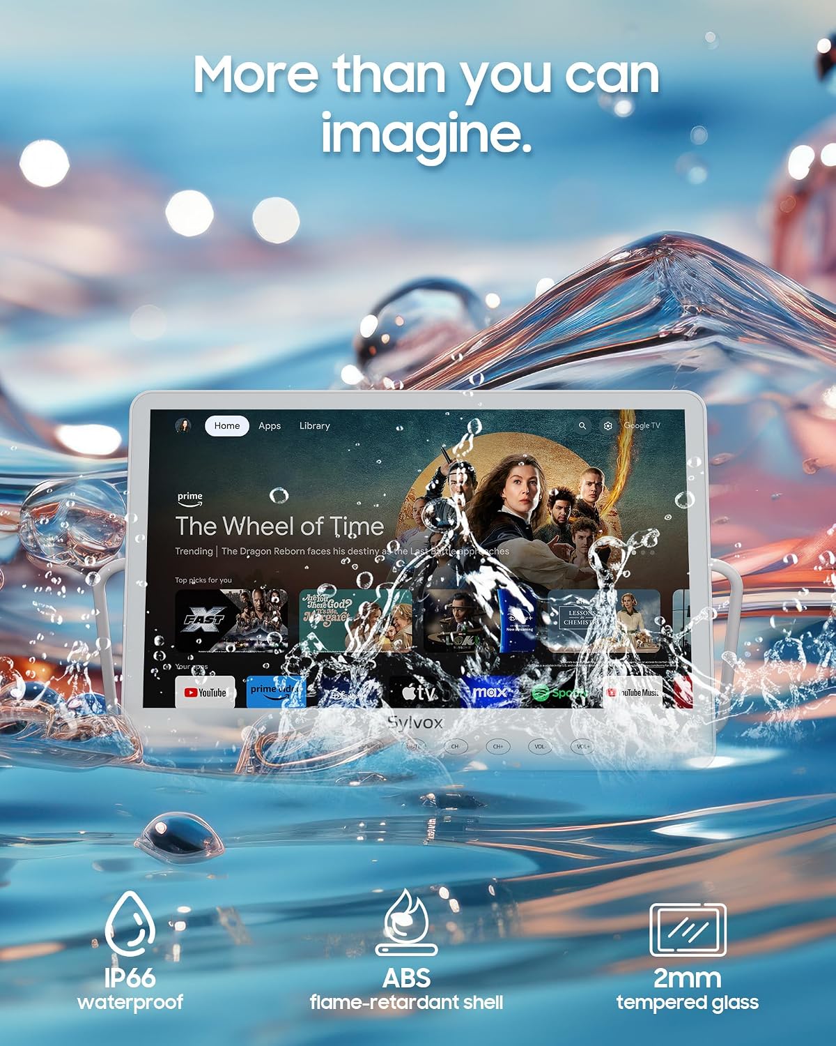 SYLVOX Waterproof Portable TV, 15.6' Shower TV 1080P Smart TVs for Bathroom, 10000mAh Rechargeable Battery Operated (4-6H Play Time), IP66 Waterproof, Voice Assistant, 360° Rotating Kickstand
