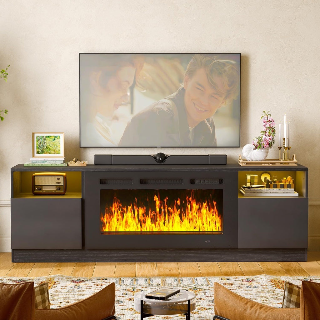 MXV 70' Fireplace TV Stand for TVs Up to 80', LED Light Entertainment Center with 36' Electric Fireplace, Modern Wood Texture TV Media Console with Highlight Storage Cabinet, Black-Black