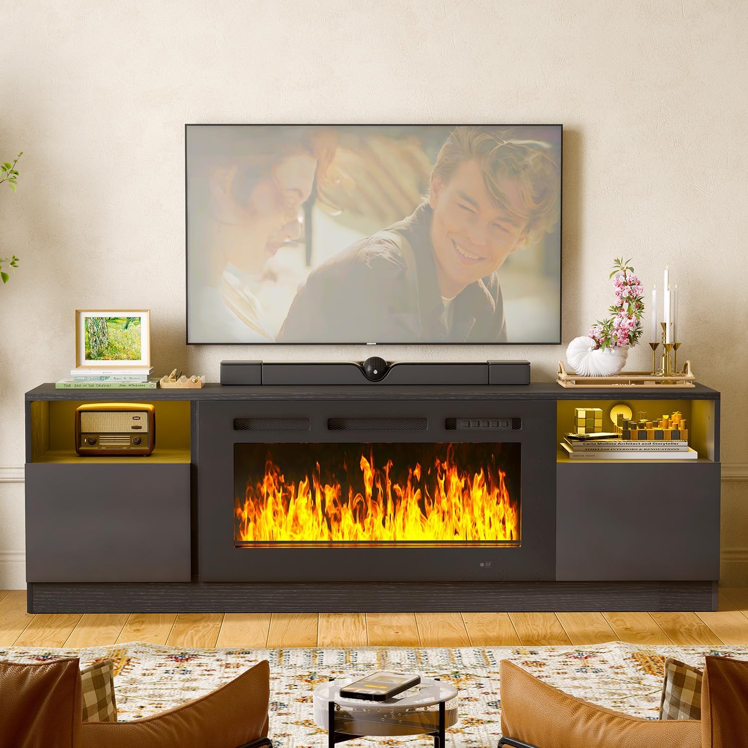 MXV 70' Fireplace TV Stand for TVs Up to 80', LED Light Entertainment Center with 36' Electric Fireplace, Modern Wood Texture TV Media Console with Highlight Storage Cabinet, Black-Black