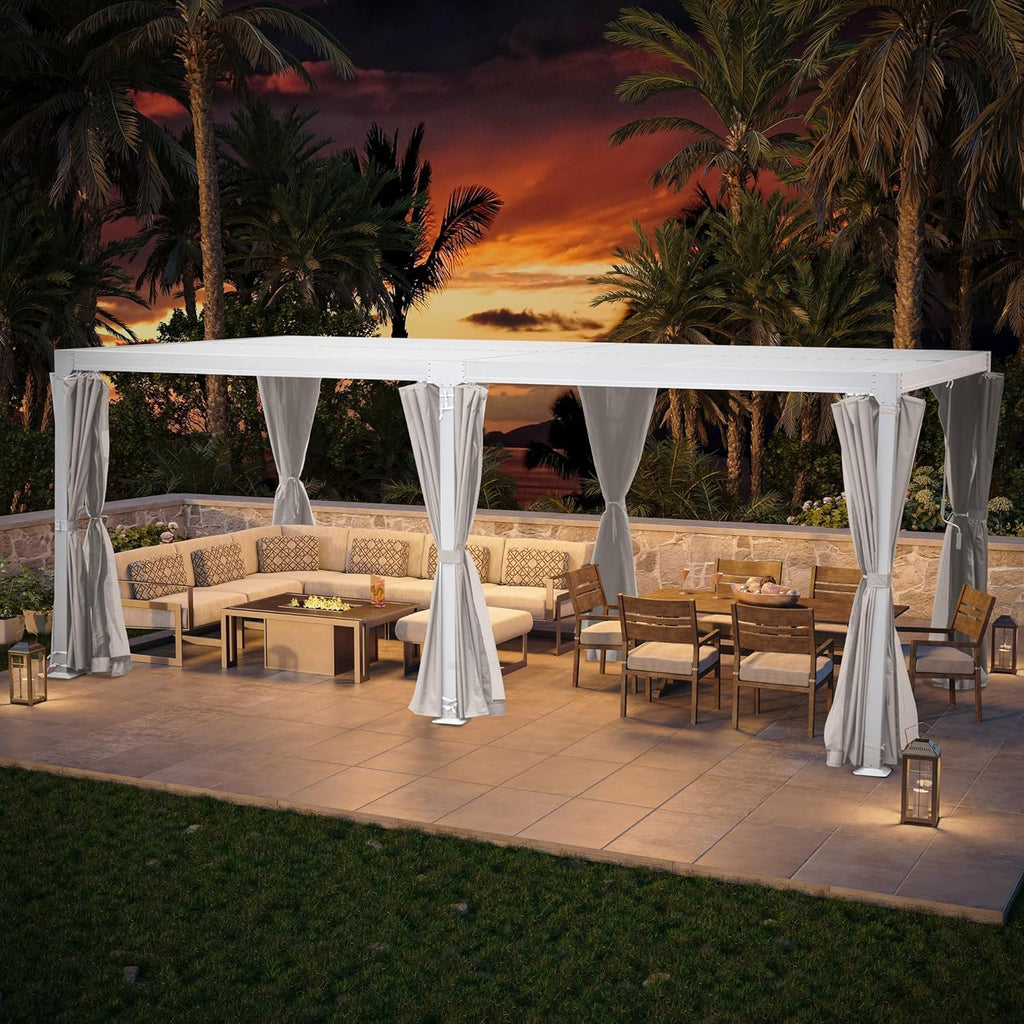 10' × 20' Louvered Pergola, Outdoor Aluminium Canopy with Adjustable Roof Curtains and Netting for Patio, Deck, Garden, Yard, Beach. (White)