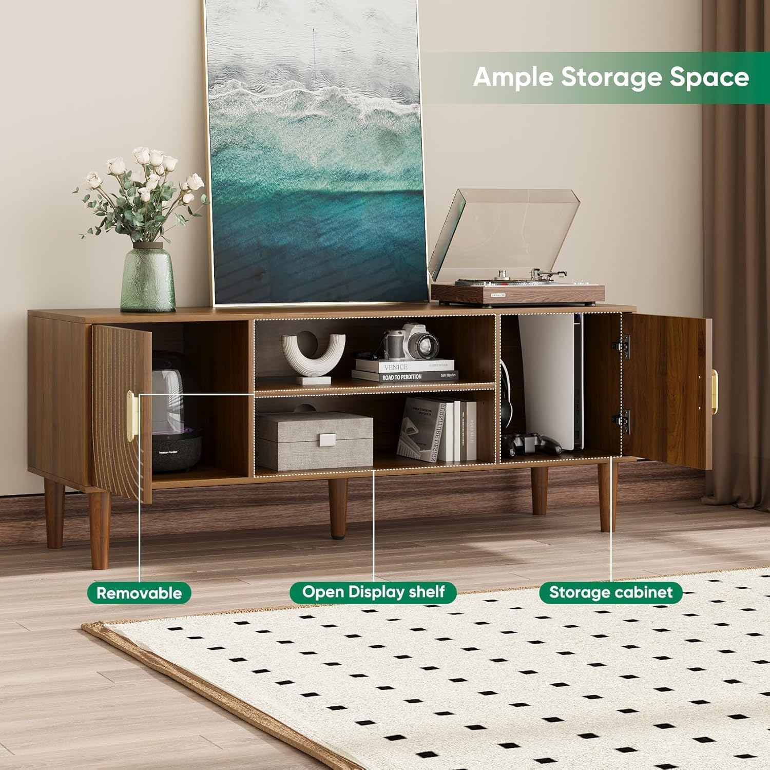 47' TV Stand for TVs up to 55 Inch, Entertainment Center with Storage and Adjustable Shelves, Modern Media Console for Living Room, Walnut