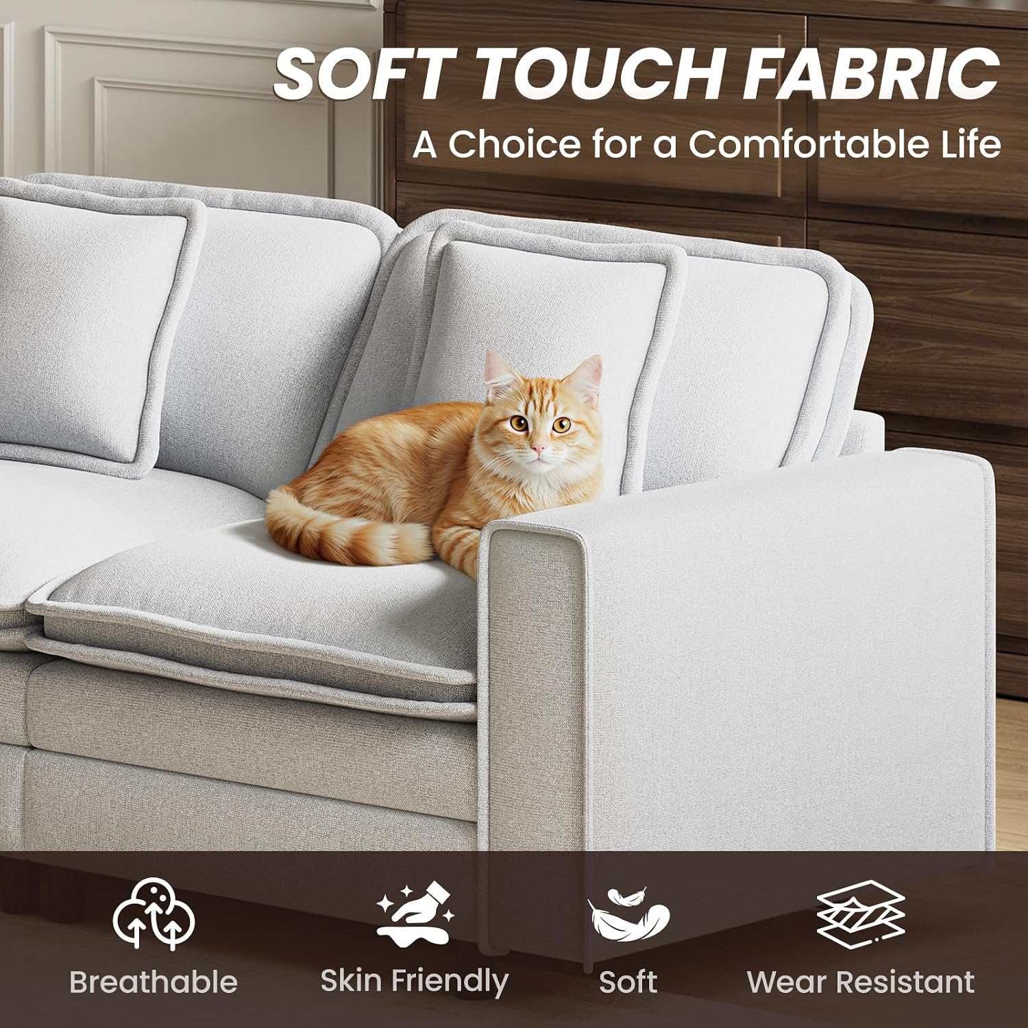 MALOL Modular Sectional Sofa 107', Comfy Cloud Couch with Ottoman, Deep 4-Seat L Shaped Modular Sofa, Couches with Throw Pillows for Living Room, Beige
