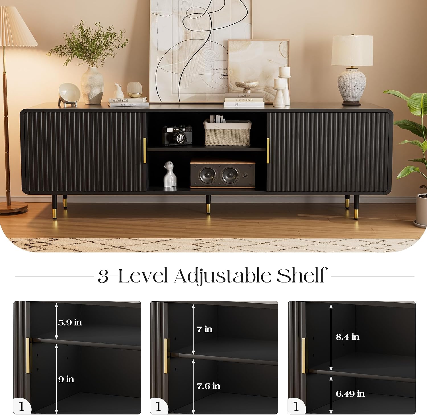 SYESWAY TV Stand for 65 Inch TV, Fluted TV Stand with Curved Profile, Modern Entertainment Center TV Console Table with Sliding Doors & Adjustable Shelves, TV Stands for Living Room Bedroom, Black