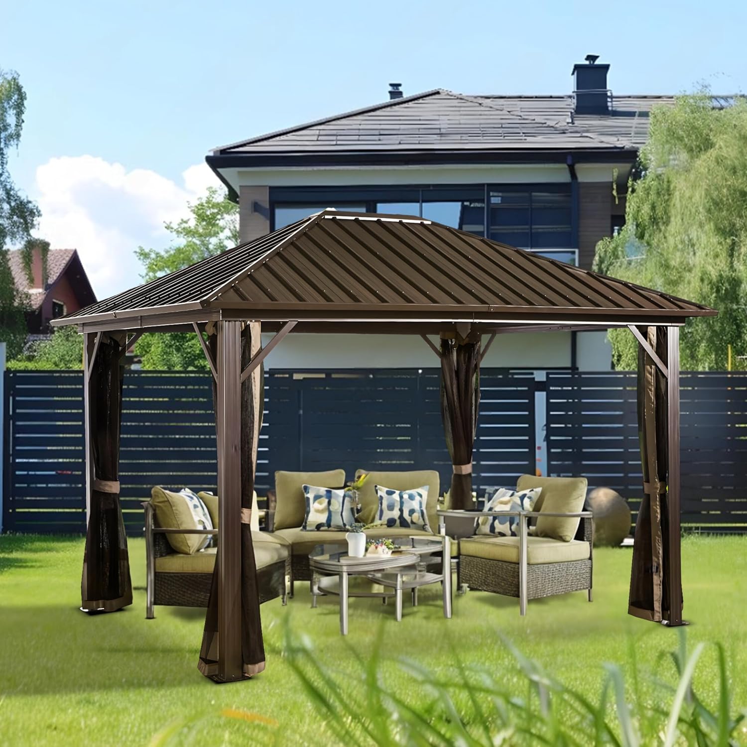 Galvanized Steel Hardtop Gazebo, Weather-Resistant Aluminum Frame Outdoor Shelter with Mesh Netting, Rustproof & UV Protection, Dark Brown (10' x 12')