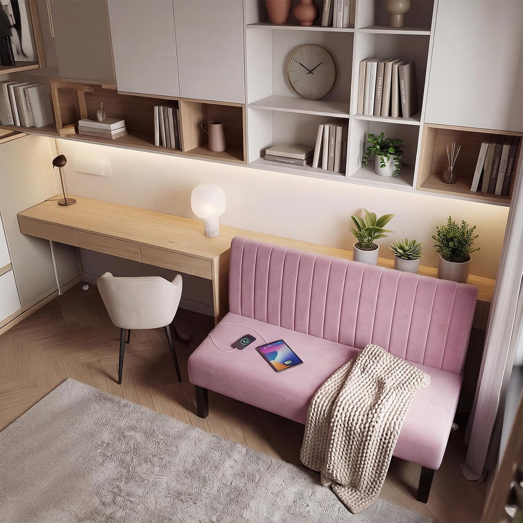 STHOUYN Mini Small Comfy Couch Armless Loveseat Sofa for Bedroom with USB Port, Velvet Couches for Small Spaces Living Room, Apartment Office Dorm (Pink)