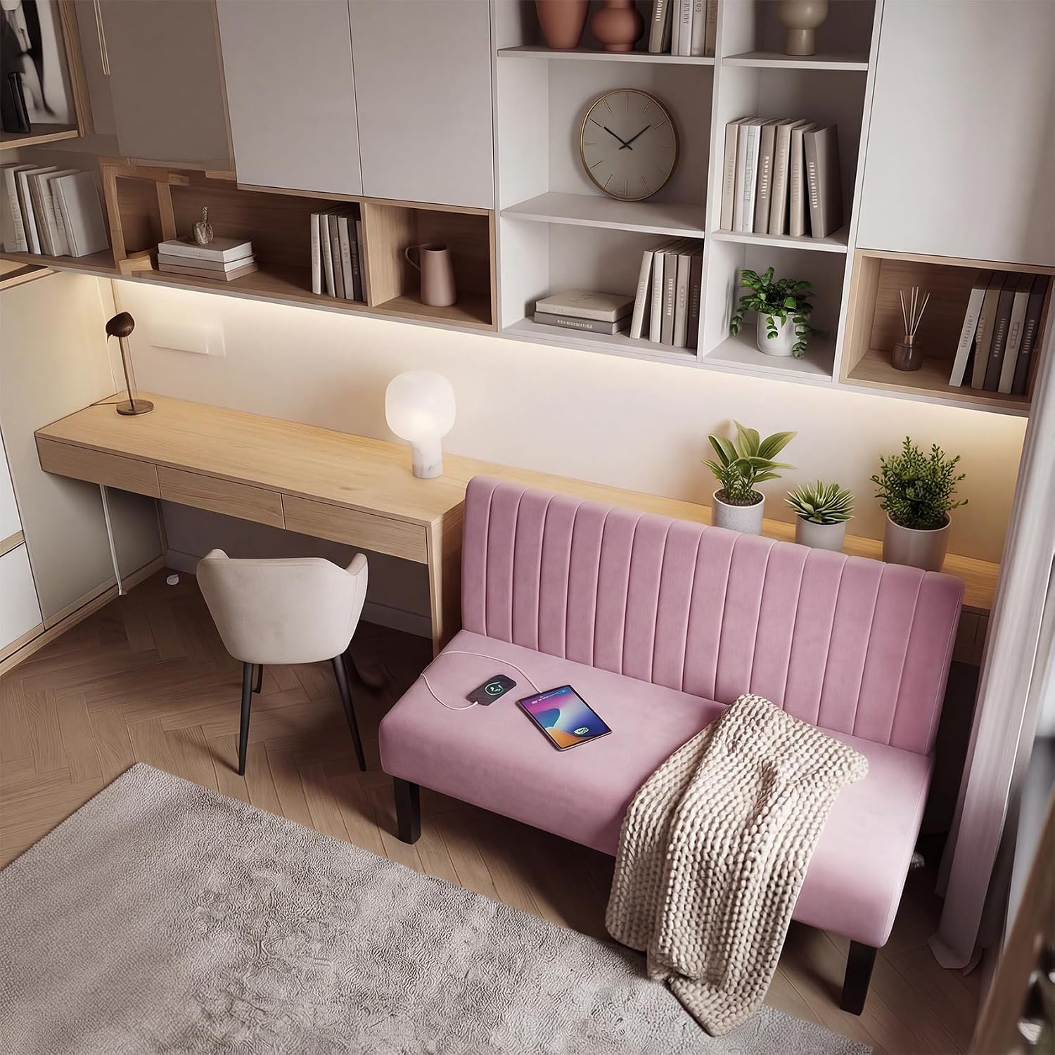 STHOUYN Mini Small Comfy Couch Armless Loveseat Sofa for Bedroom with USB Port, Velvet Couches for Small Spaces Living Room, Apartment Office Dorm (Pink)