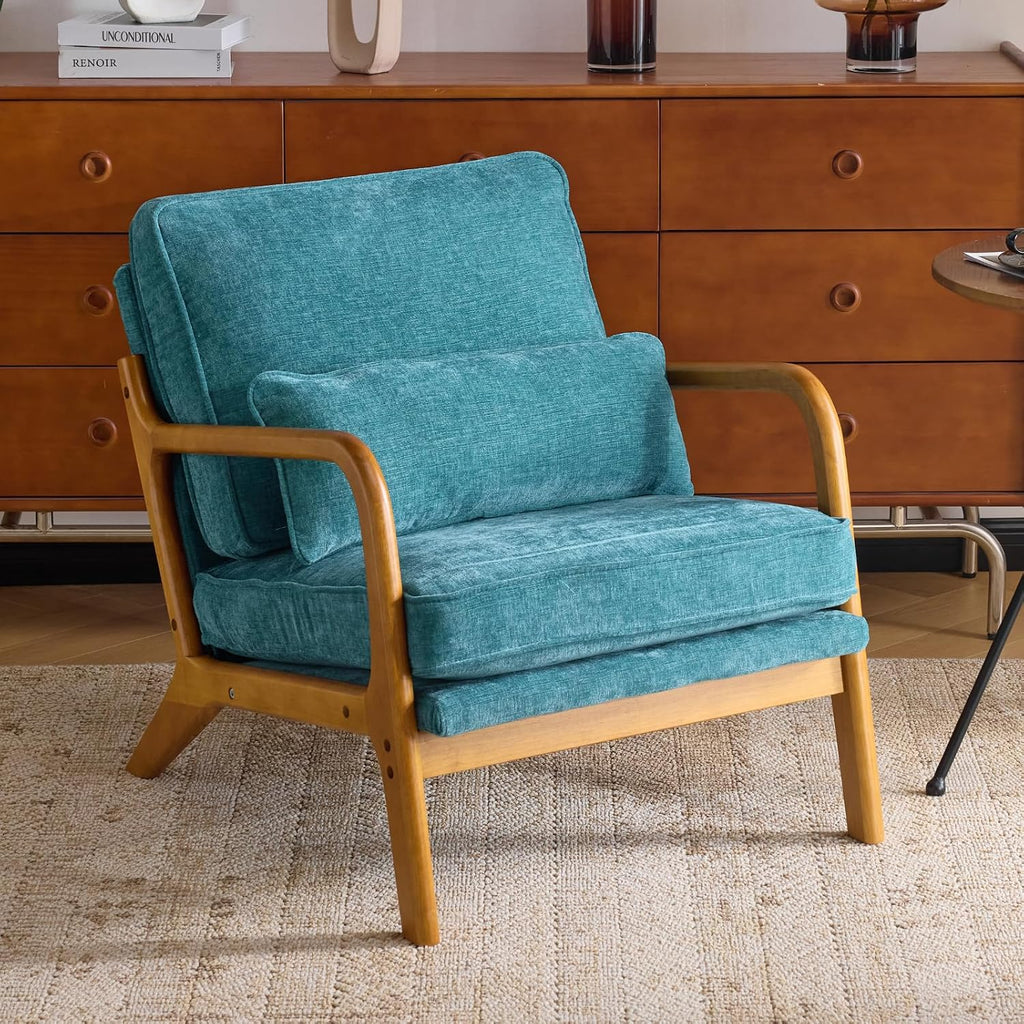 Karl home Mid Century Modern Accent Chair with Lumbar Pillow & Oak Arms – Plush Chenille Living Room Chair for Bedroom, Lounge (Teal)