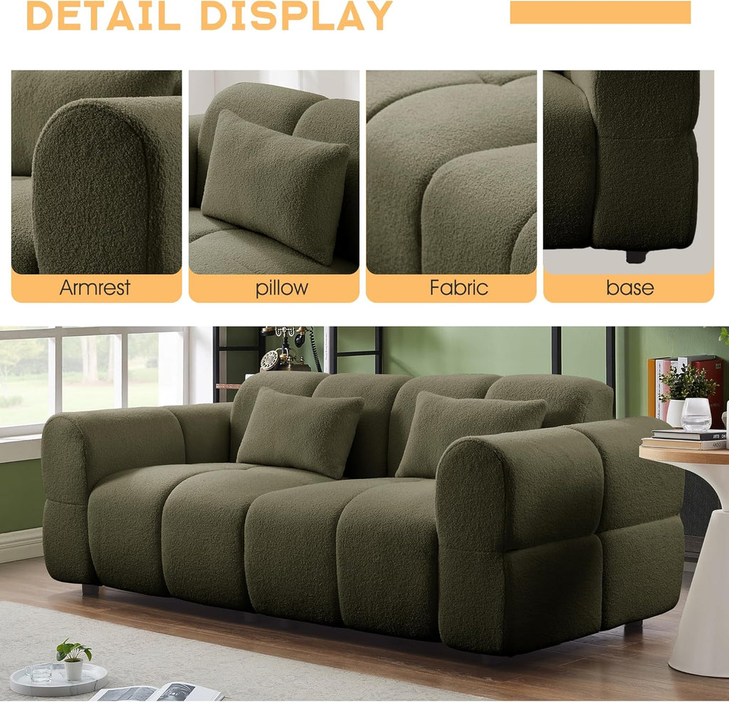 80' Modern Sofa Couch, Comfy Deep Seat Lambswool Cloud Sofa, Upholstered 3-Seater Boucle Couch, Oversized Loveseat for Living Room, Bedroom, Office, Apartment(Green)
