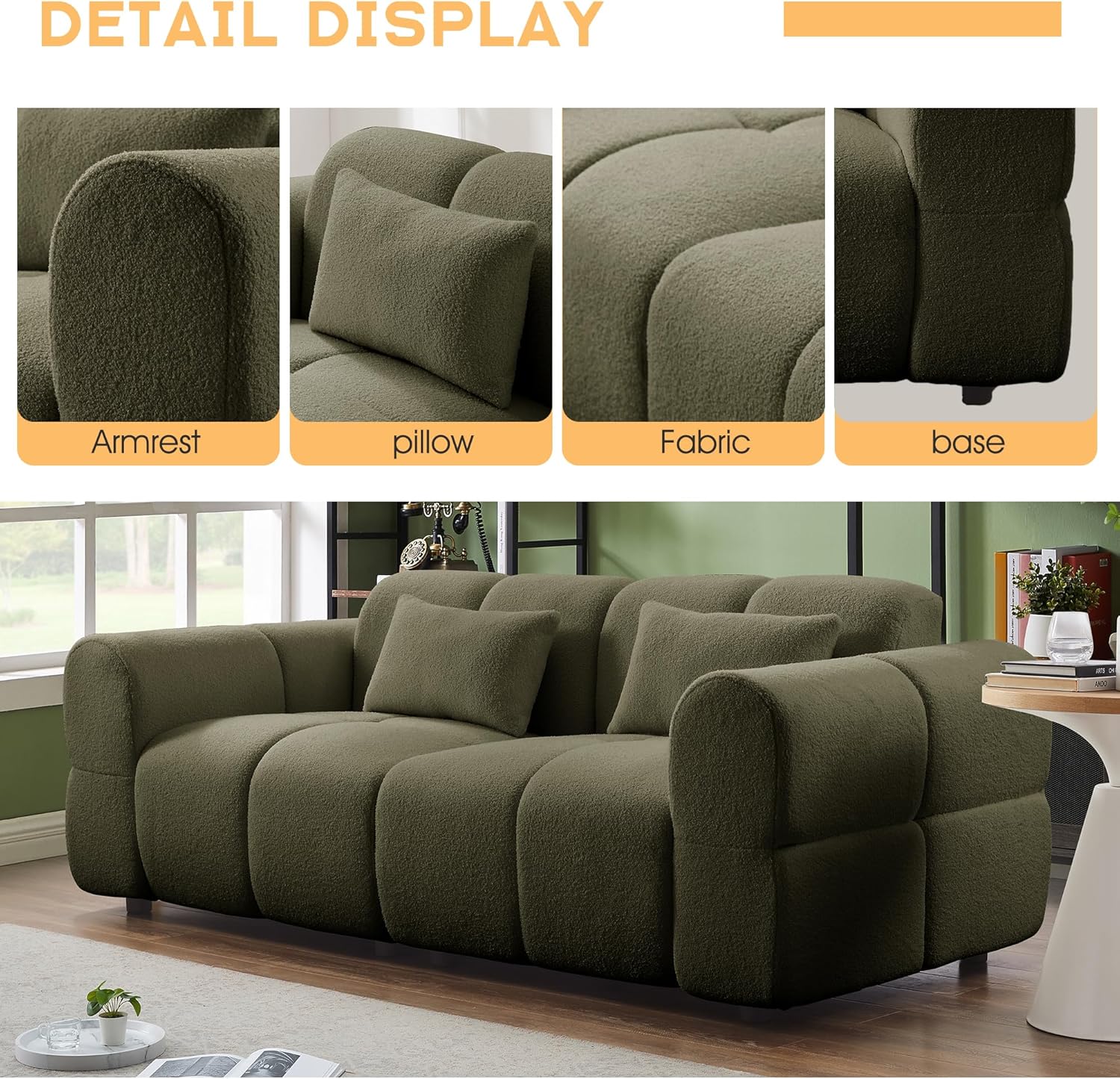 80' Modern Sofa Couch, Comfy Deep Seat Lambswool Cloud Sofa, Upholstered 3-Seater Boucle Couch, Oversized Loveseat for Living Room, Bedroom, Office, Apartment(Green)