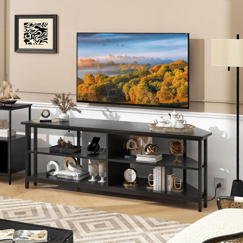 Tangkula Corner TV Stand for TVs up to 65', TV Console Table with 2 AC Outlets, USB A Port, USB C Port, Metal Frame & Storage Shelves, 55' Media Entertainment Center for Living Room