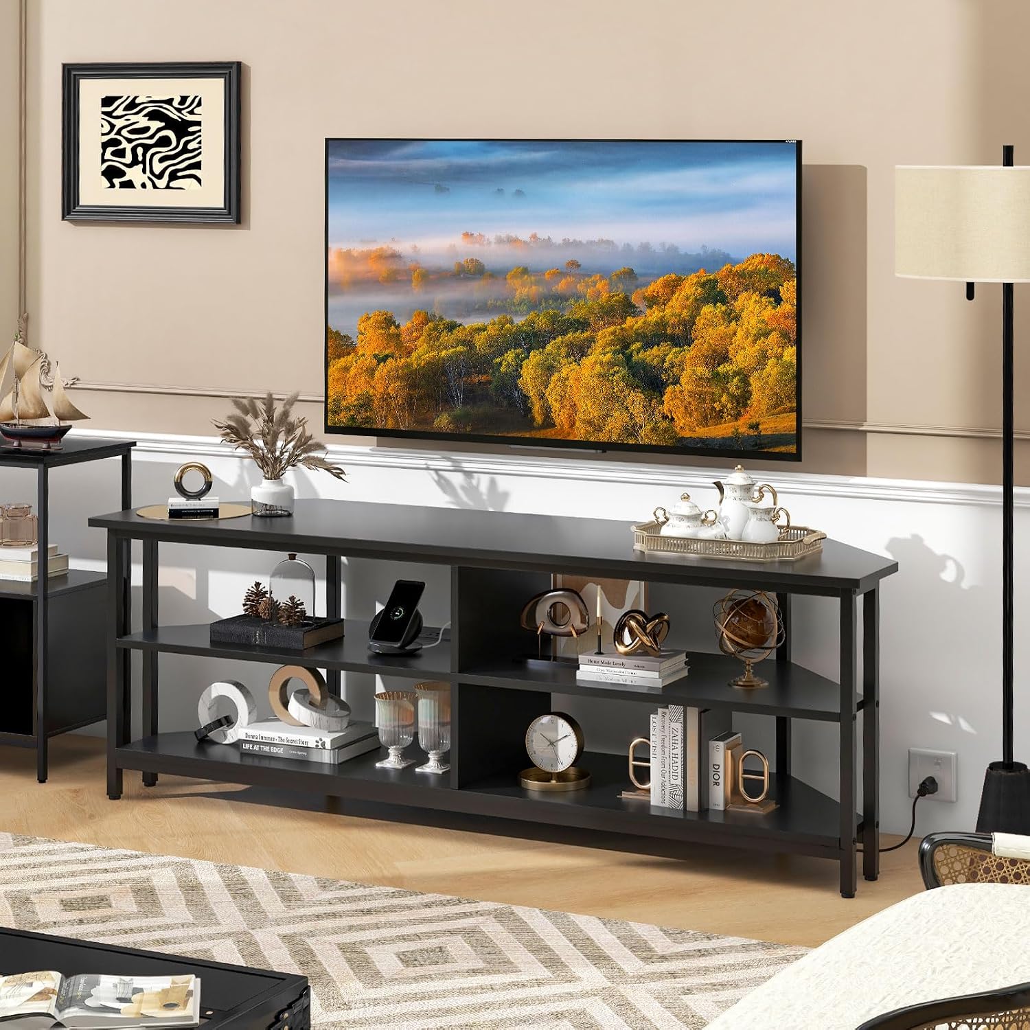 Tangkula Corner TV Stand for TVs up to 65', TV Console Table with 2 AC Outlets, USB A Port, USB C Port, Metal Frame & Storage Shelves, 55' Media Entertainment Center for Living Room