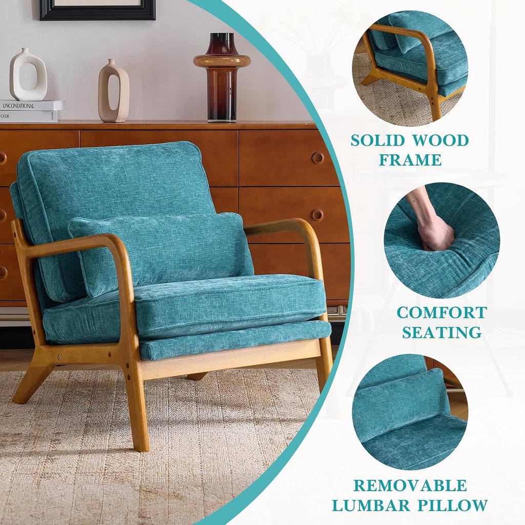 Karl home Mid Century Modern Accent Chair with Lumbar Pillow & Oak Arms – Plush Chenille Living Room Chair for Bedroom, Lounge (Teal)