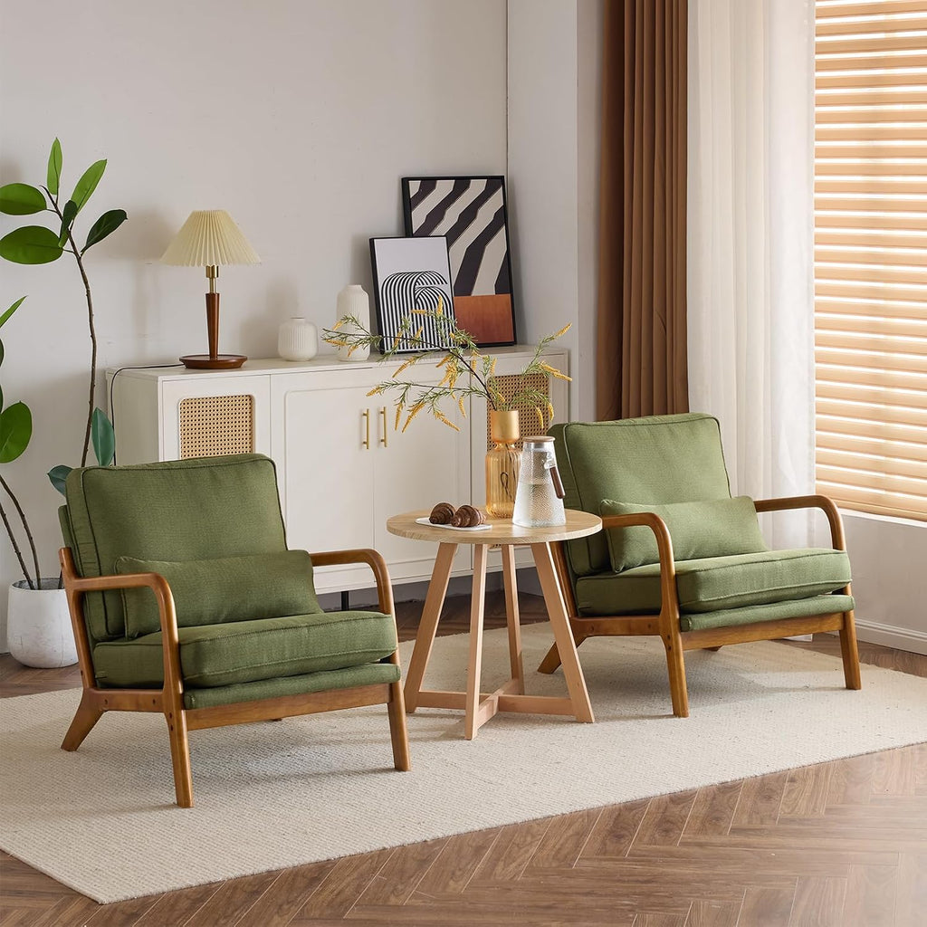 Karl home Accent Chair Mid-Century Modern Chair with Pillow Linen Fabric Upholstered Lounge Arm Chair with Solid Wood Frame & Soft Cushion for Living Room, Bedroom, Balcony, Green