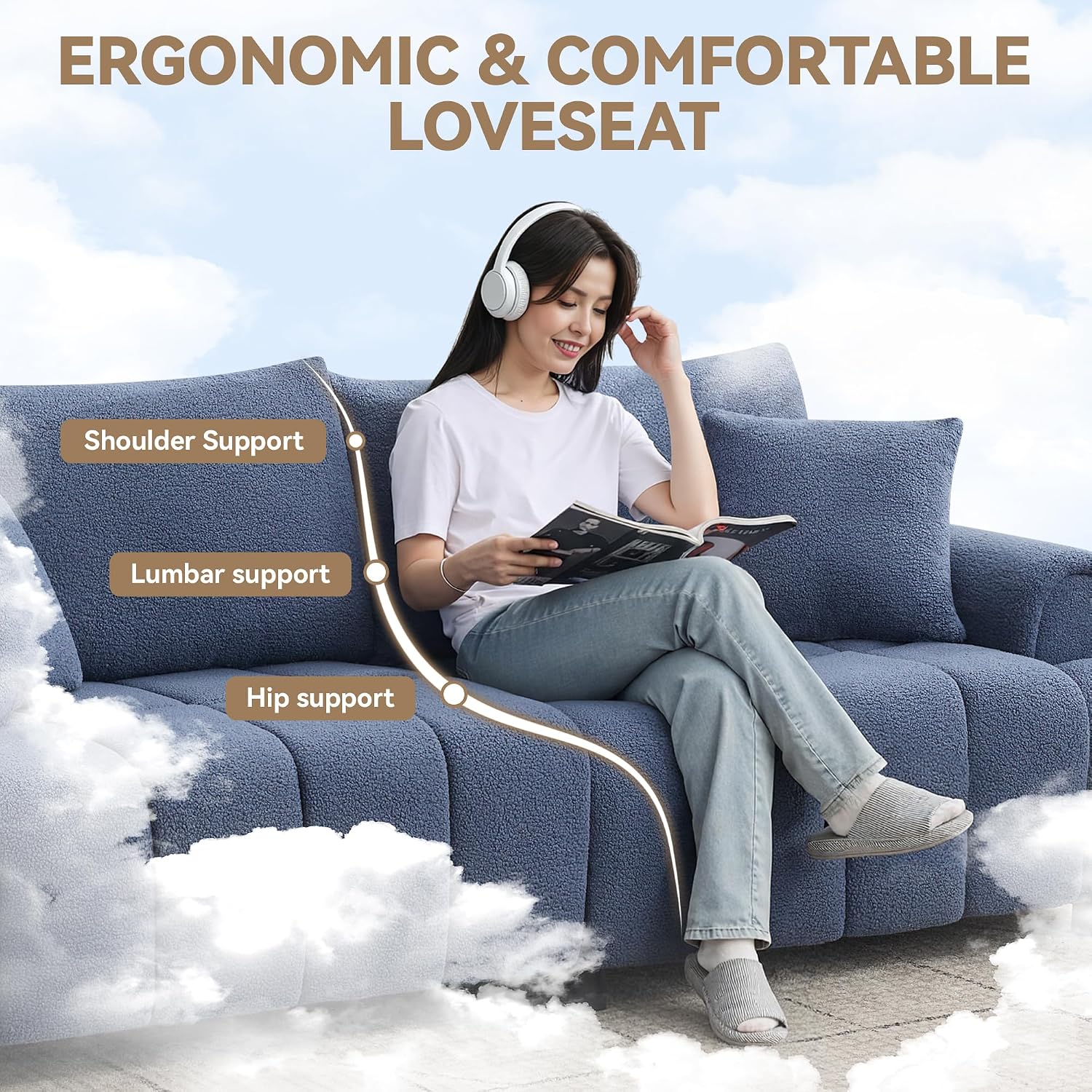 88 'Modern Boucle Sofa Couch, Oversized Comfy 3 Seater Sherpa Curved Sofas Deep Seat, Upholstered Loveseat Teddy Round Arm Couches for Living Room, Bedroom, Blue