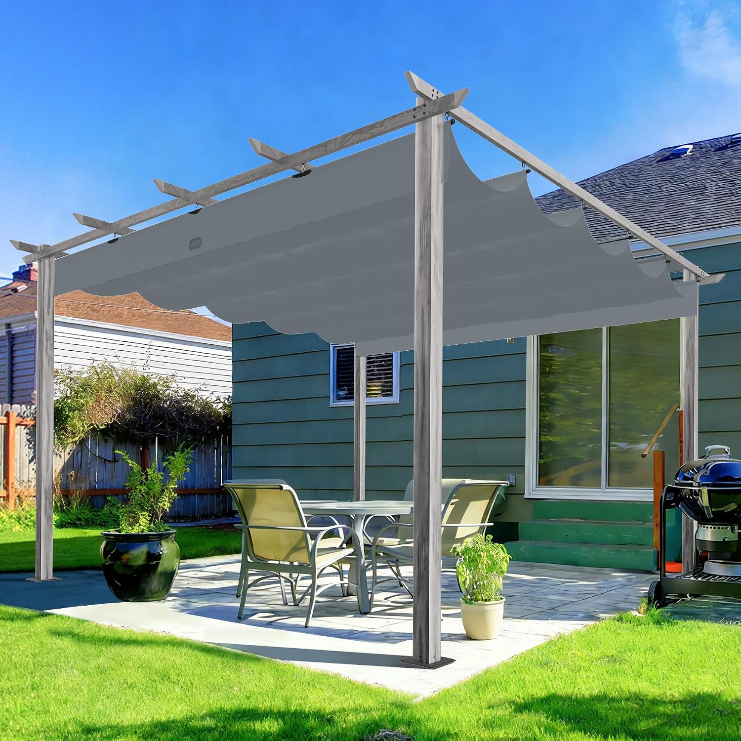 HAPPATIO 12' X 12' Wood-Grain Retractable Pergola with Sun Shade Canopy, Patio Aluminum Frame Shelter for Backyards, Gardens, Porch, Includes Ground Studs and Expansion Screws (Grey)