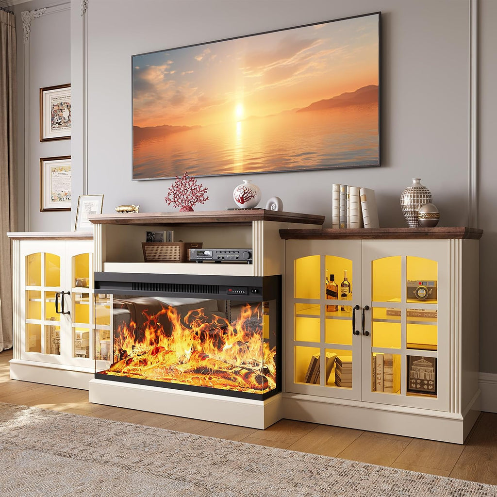 97' Fireplace TV Stand with 36' Electric Fireplace, Farmhouse Entertainment Center for TVs up to 100', Media Console Table with Large Storage Cabinets, for Living Room, White