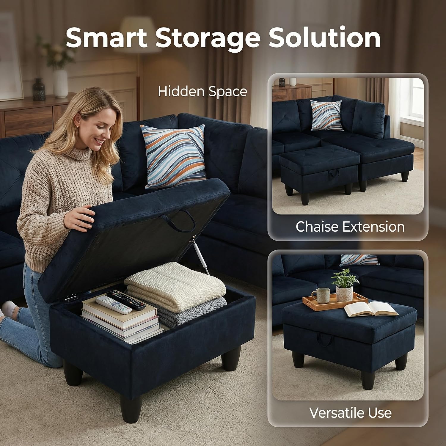 97' L Shaped Couch Set Velvet, Modular Sectional Couches for Living Room with Storage Ottoman, 4 Seat Home Sofa Living Room Furniture Sets with Chaise for Apartment Office (Blue Black)