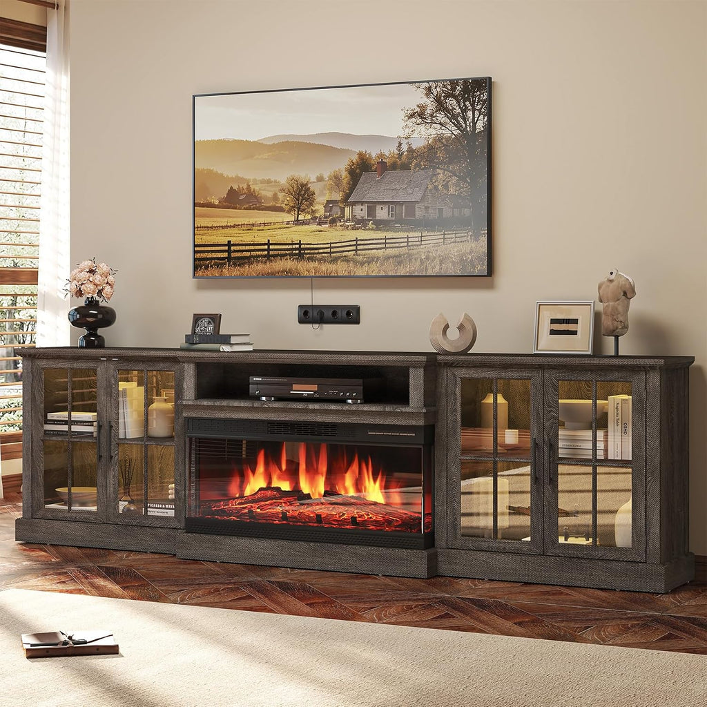 98' Farmhouse TV Stand with 36' Fireplace for TVs up to 100', Media Entertainment Center with Adjustable Shelves and Large Storage Cabinets, for Living Room, Gray & Black