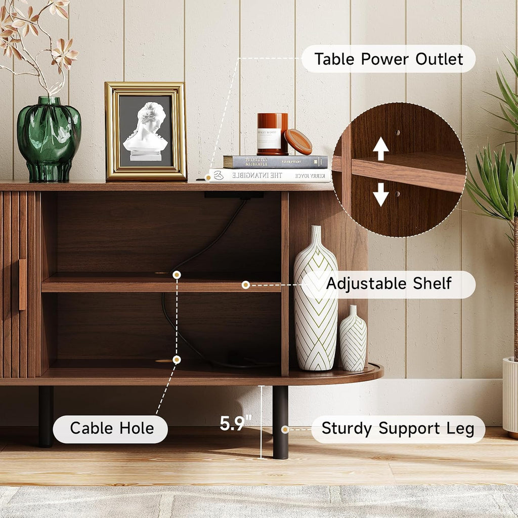 ONBRILL 70.8' TV Stand with Power Outlet for TVs up to 75 Inch, Entertainment Center with Storage and Adjustable Shelves, Modern Media Console with Sliding Doors for Living Room, Walnut