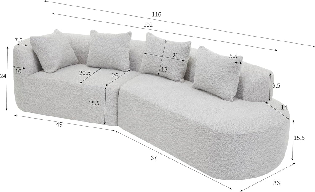 Merax 116' Curved Polyester Sectional Sofa, Modern Pearl Upholstery 3 Seat Cloud Couch with Chaise Lounge & 4 Pillows for Living Room, White+Gray