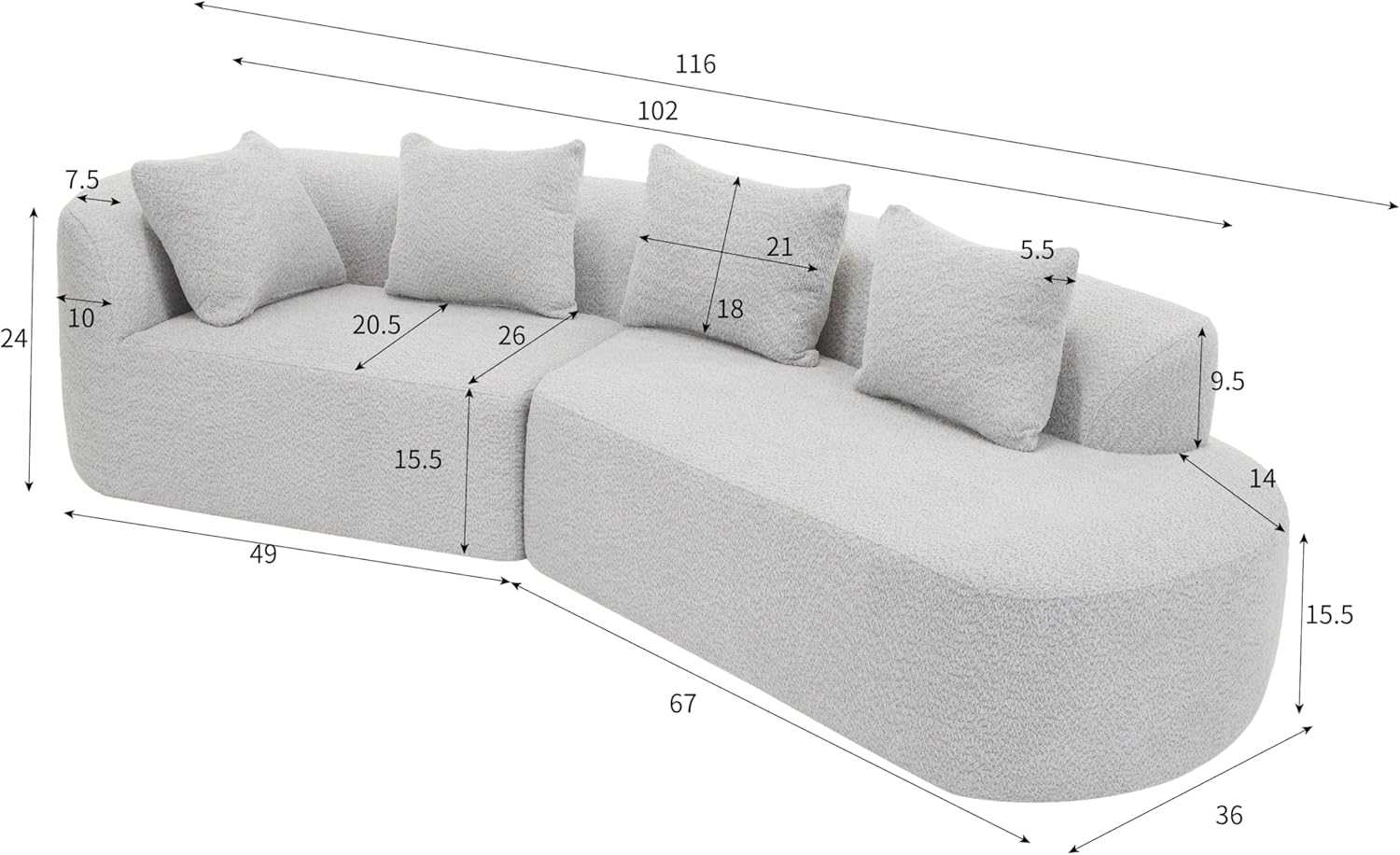Merax 116' Curved Polyester Sectional Sofa, Modern Pearl Upholstery 3 Seat Cloud Couch with Chaise Lounge & 4 Pillows for Living Room, White+Gray