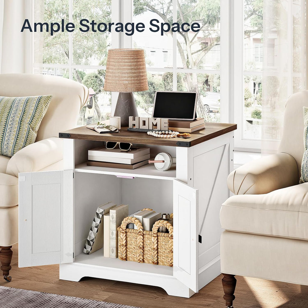 HOOBRO Farmhouse End Table with Charging Station, 23.6' Large End Tables for Living Room, Sofa Side Table with Barn Door, Wooden Square Nightstand Bedside Table, Flip Top, White and Walnut WH601UBZ01