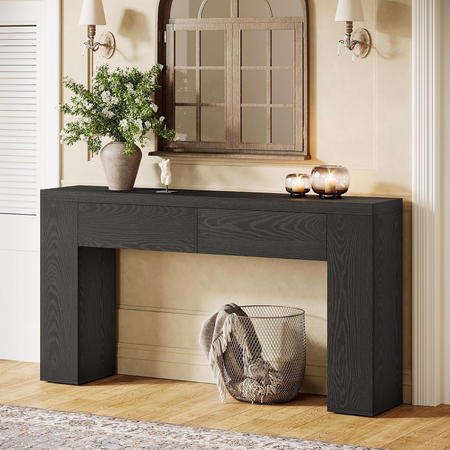 Tribesigns 63-Inch Wooden Console Table with 2 Hidden Drawers, Farmhouse Rustic Brown Sofa Table for Living Room, Hallway, Entrance, Foyer, Easy Assembly (Black)