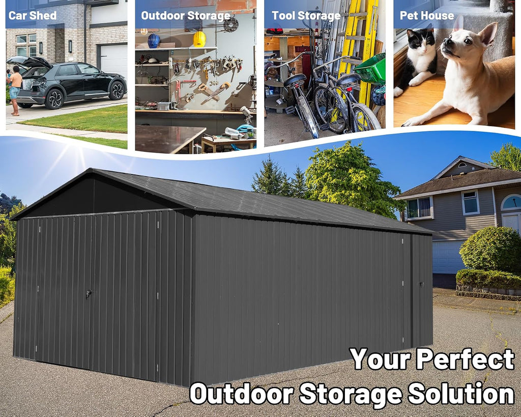 12x20FT Metal Carport, Heavy Duty Metal Garage with 2 Lockable Doors, Metal Steel Storage Shed, Metal Shed, Car Garage, Outdoor Large Garage for RV, Truck & Lawnmower -Dark Grey