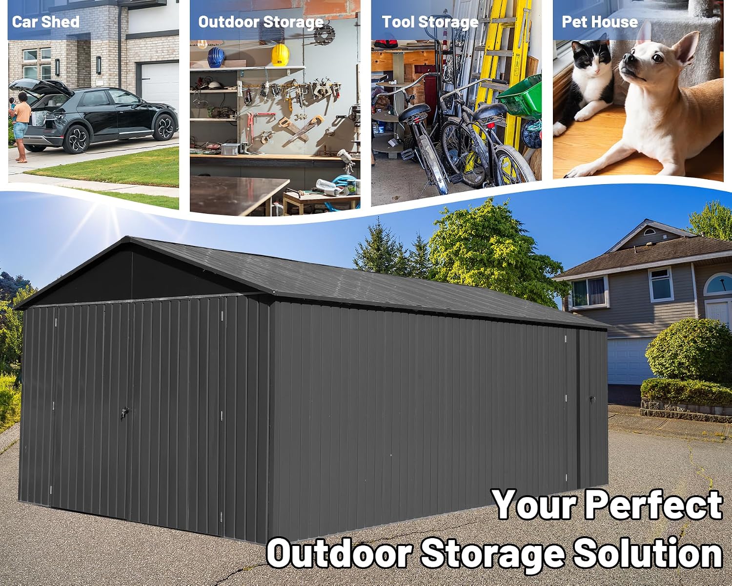 12x20FT Metal Carport, Heavy Duty Metal Garage with 2 Lockable Doors, Metal Steel Storage Shed, Metal Shed, Car Garage, Outdoor Large Garage for RV, Truck & Lawnmower -Dark Grey