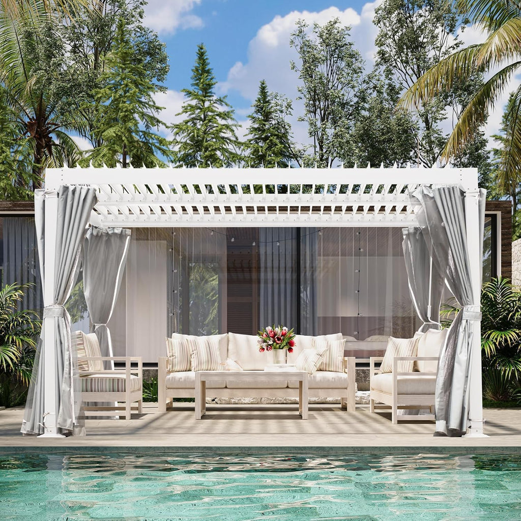 10' × 10' Louvered Pergola, Outdoor Aluminium Canopy with Adjustable Roof Curtains and Netting for Patio, Deck, Garden, Yard, Beach. (White)