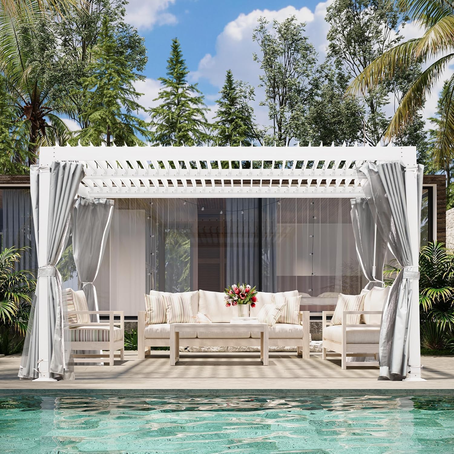 10' × 10' Louvered Pergola, Outdoor Aluminium Canopy with Adjustable Roof Curtains and Netting for Patio, Deck, Garden, Yard, Beach. (White)