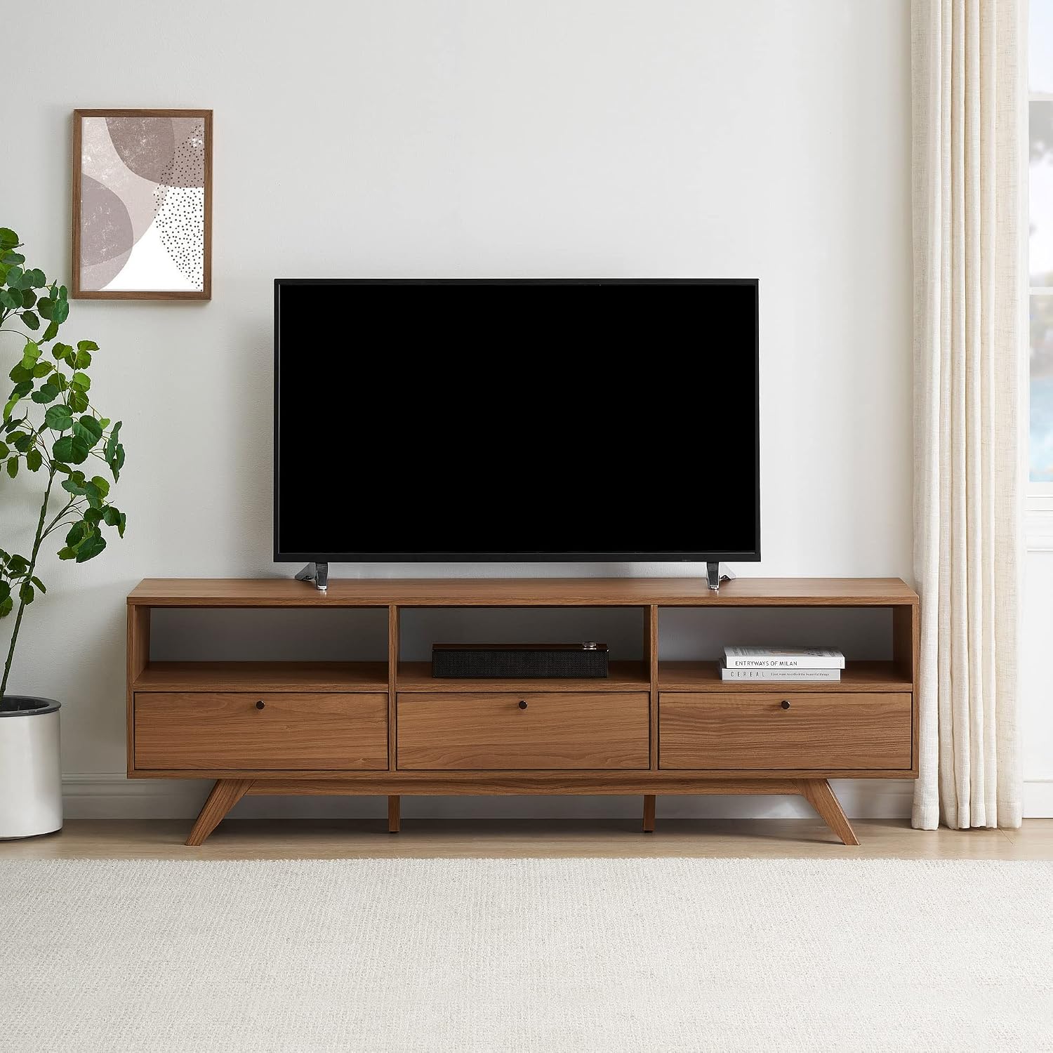 Walker Edison Kimi Mid Century Modern Minimalist Drop-Down Door Stand for TVs up to 85 Inches, 70 Inch, Mocha