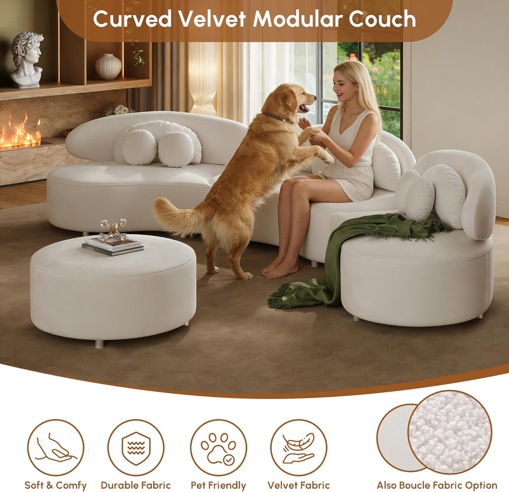 homary 7-Seat Curved Modular Sectional Sofa – Velvet Upholstered, Beige Couch with Ottoman, Modern Living Room Furniture for Family & Entertaining