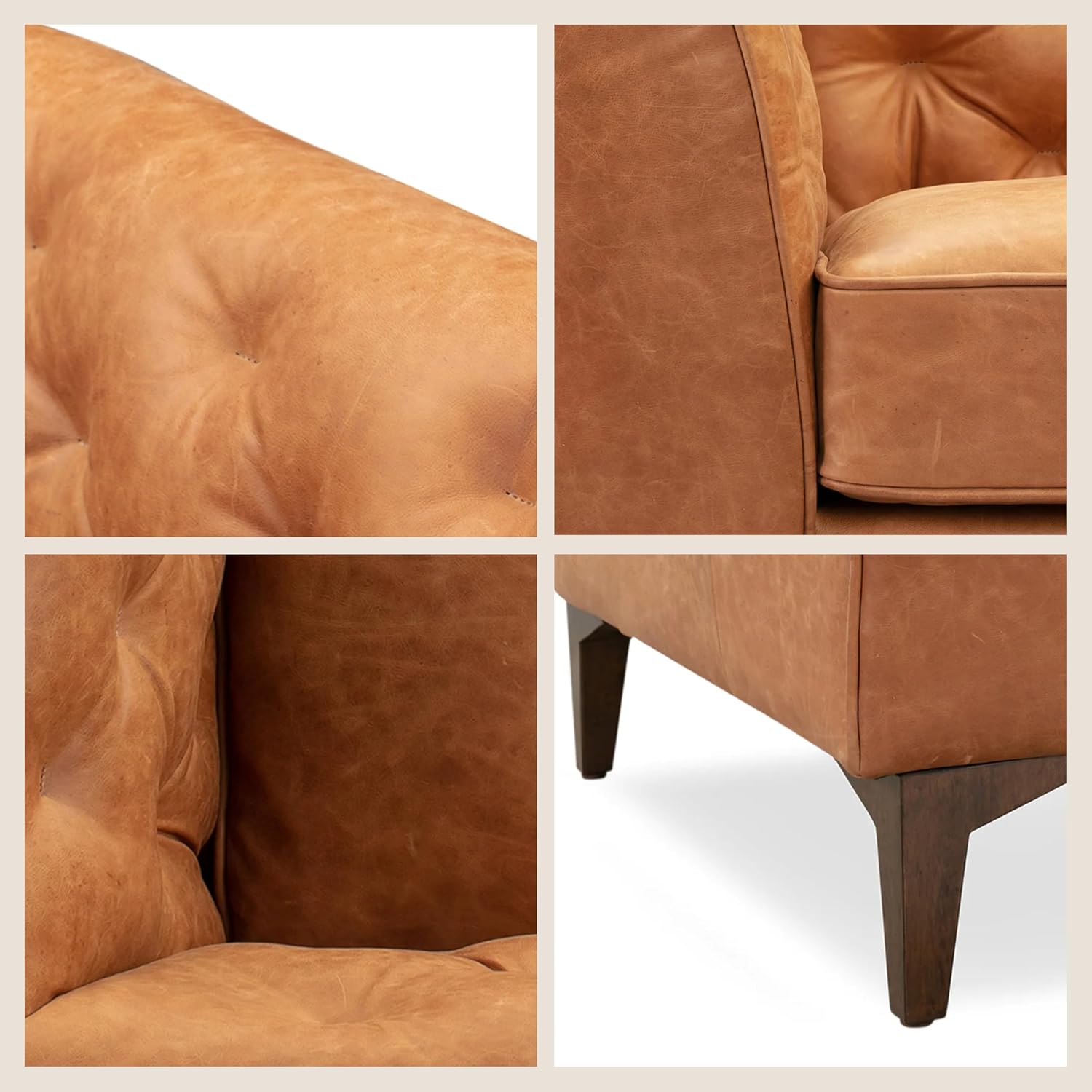 POLY & BARK Essex 40' Lounge Chair – Full-Grain Pure-Aniline Italian Leather, Tufted Back & Arms, Feather-Down Cushioning, Walnut Wood Legs - Cognac Tan