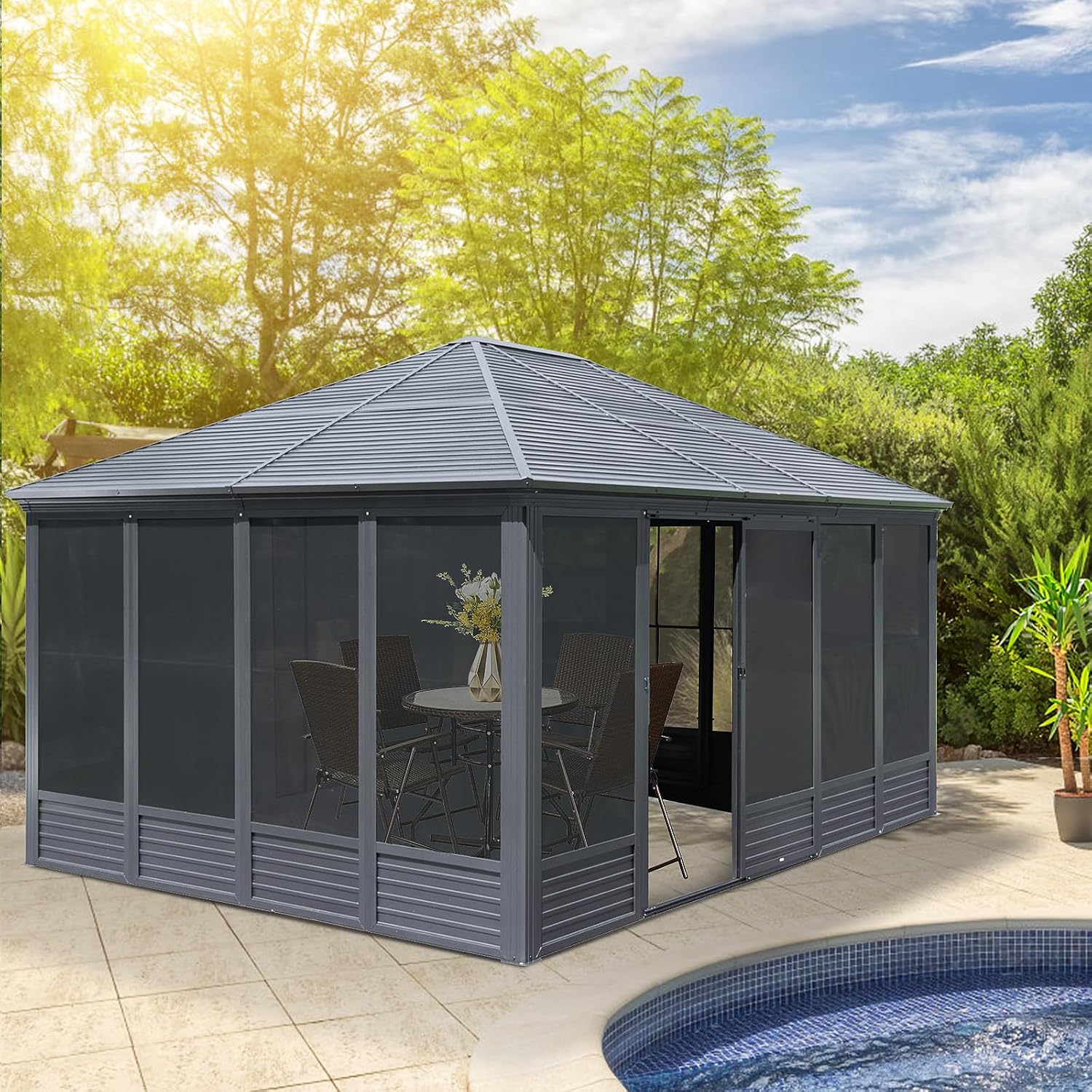 13x16.5 FT Sunroom, Four Season Enclosed Hardtop Gazebo with Galvanized Steel Roof, Aluminum Solarium Sun Room with Movable PVC Screen Walls, Sliding Doors, Metal Hard Top Gazebo for Patio, Deck