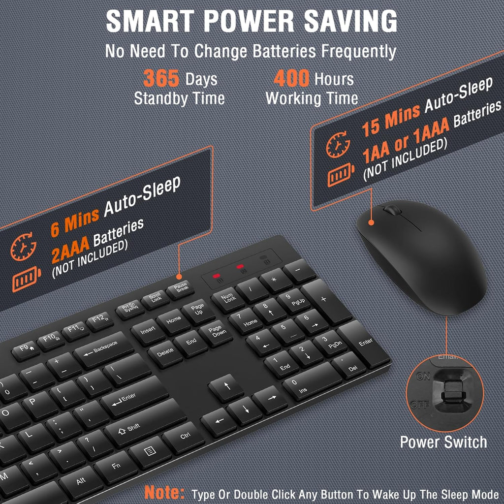 Wireless Keyboard and Mouse Combo, EDJO Silent Full Size Cordless USB Keyboard Mouse, 2.4GHz Lag-Free, Long Battery Life, for Computer, Laptop, PC, Chromebook, Windows (Black, 8 Pack)