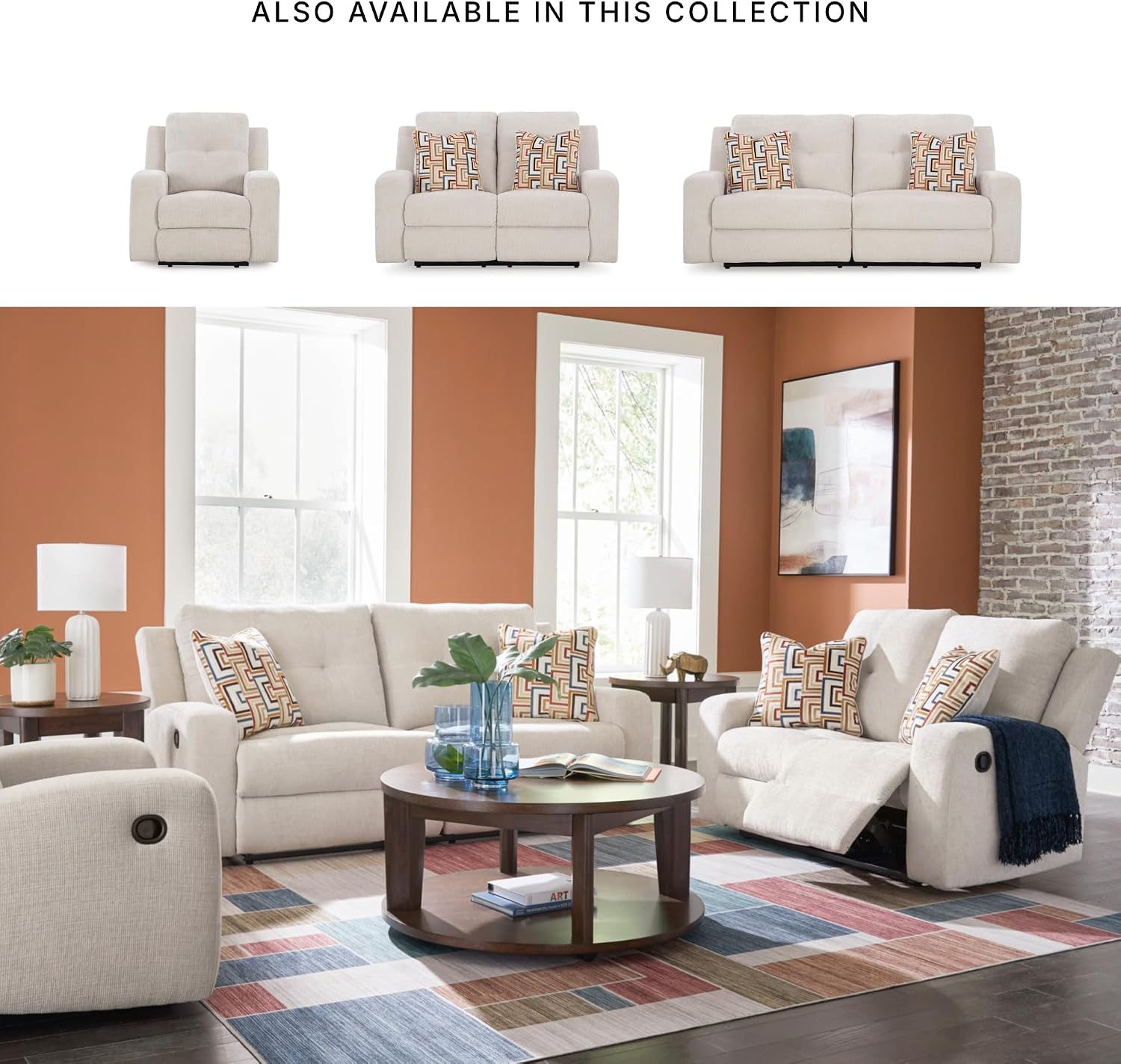 Signature Design by Ashley Danum Modern Tufted Manual Reclining Loveseat with 2 Accent Pillows, Beige