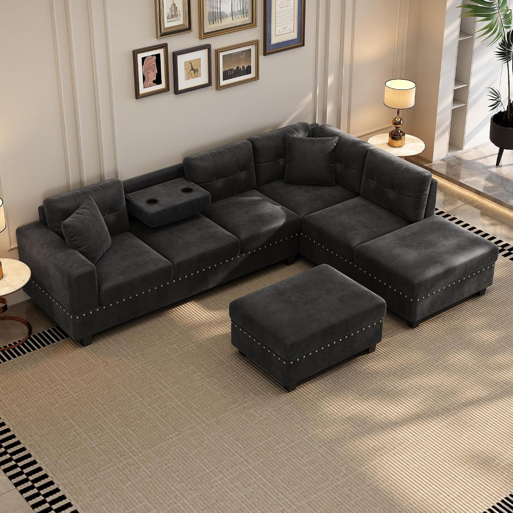 Merax Modern Sectional Sofa with Storage Ottoman, L Shaped Couch with 2 Pillows and 2 Cup Holders, Polyester Sectional Sofa with Reversible Chaise for Living Room, Home Office (Black)