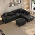 Merax Modern Sectional Sofa with Storage Ottoman, L Shaped Couch with 2 Pillows and 2 Cup Holders, Polyester Sectional Sofa with Reversible Chaise for Living Room, Home Office (Black)