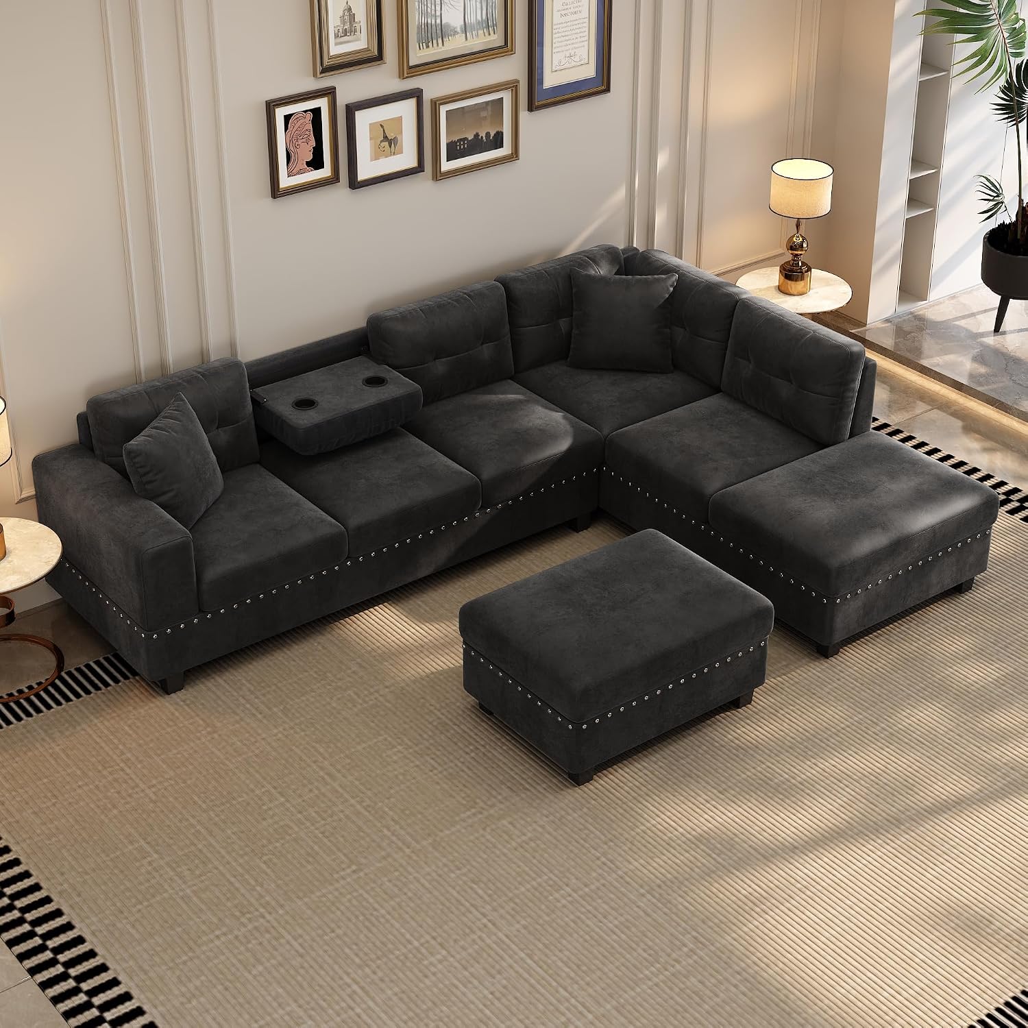 Merax Modern Sectional Sofa with Storage Ottoman, L Shaped Couch with 2 Pillows and 2 Cup Holders, Polyester Sectional Sofa with Reversible Chaise for Living Room, Home Office (Black)
