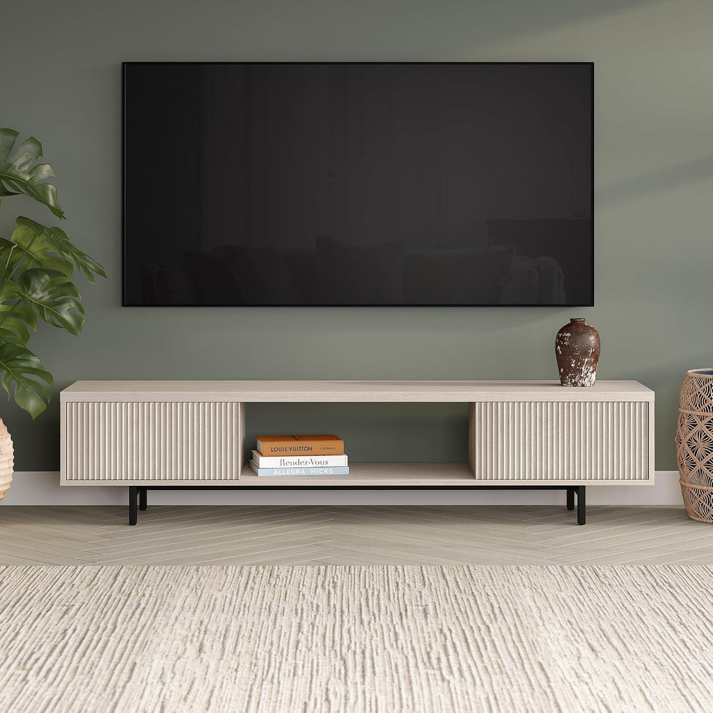 Henn&Hart Fluted TV Stand for TVs up to 78' with 2 Ribbed Side Storage Cabinets and Open Center Storage for Living Room, Family Room, or Office, Beech White