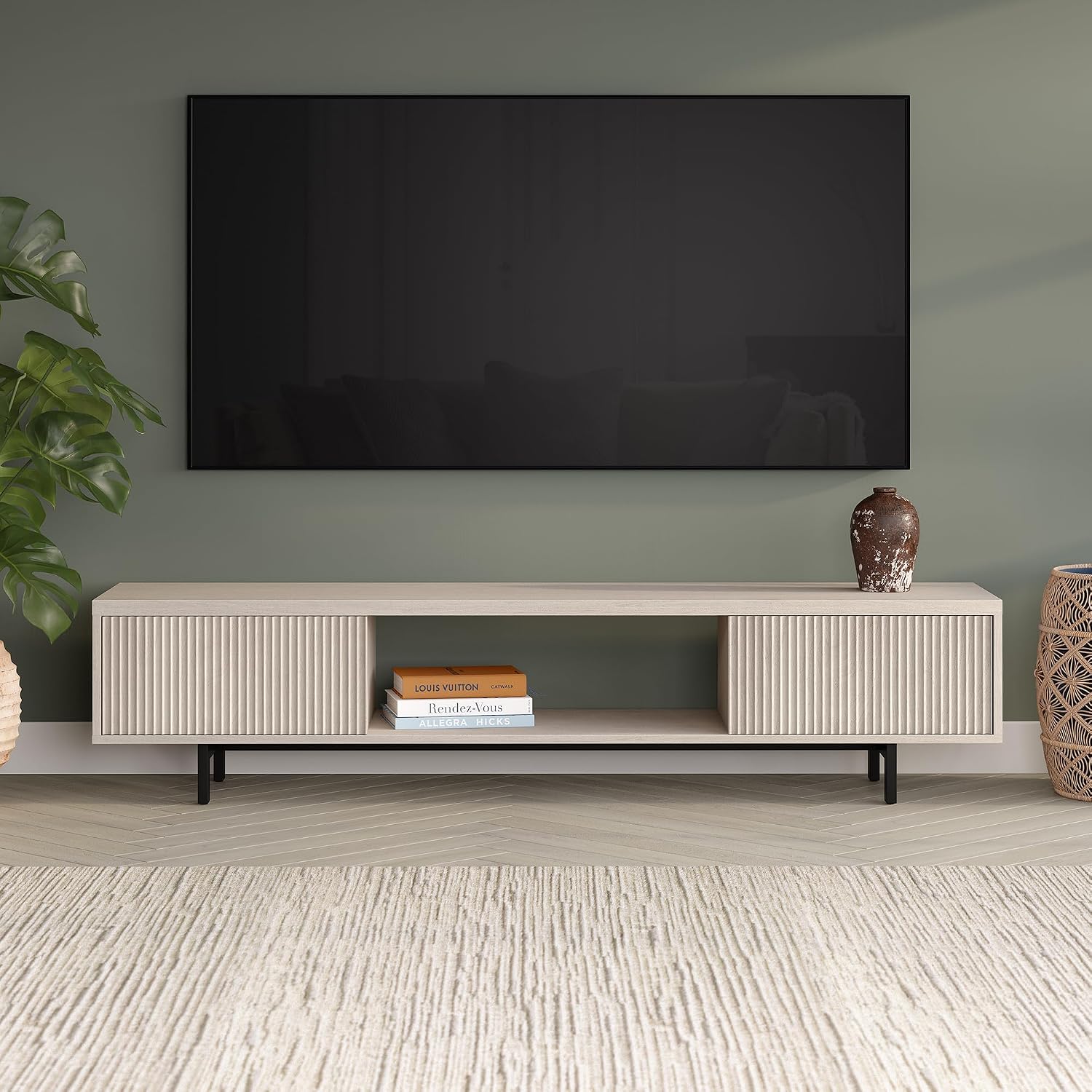 Henn&Hart Fluted TV Stand for TVs up to 78' with 2 Ribbed Side Storage Cabinets and Open Center Storage for Living Room, Family Room, or Office, Beech White
