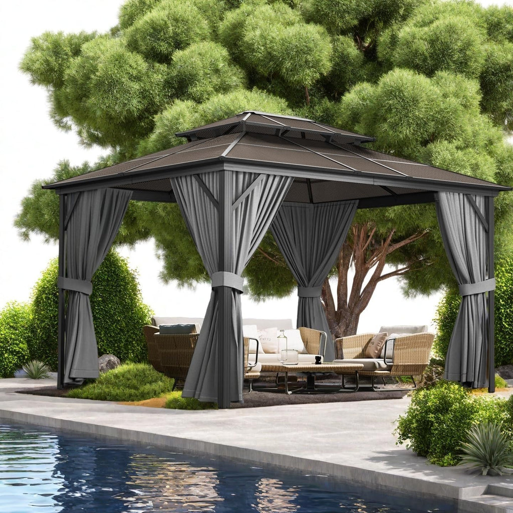 10'x10' Hardtop Gazebo - Heavy Duty Galvanized Steel Frame with Double Roof, Includes Netting & Curtains for Patio/Backyard (Gray)